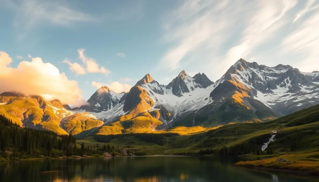 A majestic landscape of Borgefjell National Park in Norway, bathed in warm, golden sunlight. In the foreground, a crystal-clear lake reflects the surrounding peaks and lush, verdant vegetation. Towering, snow-capped mountains rise in the middle ground, their jagged edges contrasted by soft, wispy clouds drifting overhead. Meandering streams and cascading waterfalls add to the serene, picturesque setting. The atmosphere is one of tranquility and natural wonder, inviting the viewer to immerse themselves in the beauty of this untamed, pristine wilderness.