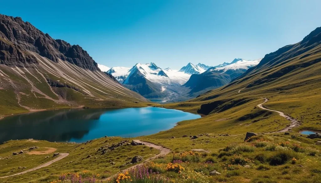 A majestic landscape of Hardangervidda National Park, Norway, on a sunny day. In the foreground, a picturesque mountain lake reflects the towering peaks and rugged terrain. Hiking trails wind through the lush, rolling meadows, dotted with vibrant wildflowers. In the middle ground, ancient glaciers carve through the weathered rock, a testament to the park's rich geological history. The background features a panoramic view of the vast, snow-capped mountains, their jagged silhouettes framed by a bright, azure sky. Capture the timeless beauty and centuries-old legacy of this Nordic wilderness, inviting viewers to explore its rugged, awe-inspiring splendor.