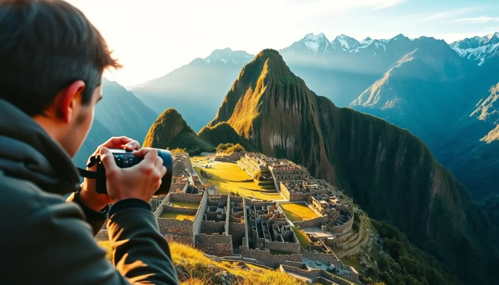 A majestic landscape of Machu Picchu, the ancient Inca citadel perched atop a lush, verdant mountain. In the foreground, a skilled photographer carefully composes the shot, their camera poised to capture the awe-inspiring ruins bathed in golden, late-afternoon sunlight. The middle ground showcases the intricate stone terraces and structures, their weathered surfaces contrasting with the vibrant greens of the surrounding foliage. In the distance, the rugged Andes mountains rise majestically, their snow-capped peaks creating a breathtaking backdrop. The scene exudes a sense of timeless wonder and tranquility, inviting the viewer to immerse themselves in the captivating beauty of this UNESCO World Heritage Site.