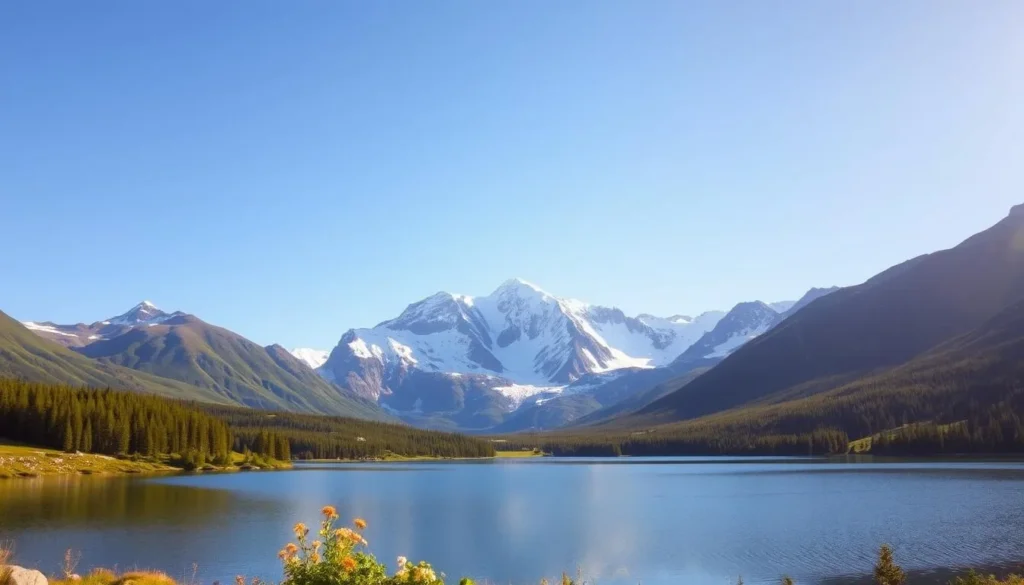 A majestic landscape of Sarek National Park, Sweden, under a clear, azure sky. In the foreground, a serene alpine lake reflects the surrounding peaks and glaciers. Towering, snow-capped mountains rise in the middle ground, their rugged grandeur casting long shadows across the valley. Lush, verdant forests line the slopes, dotted with wildflowers in bloom. A warm, golden light filters through the scene, imbuing it with a sense of tranquility and wonder. The overall atmosphere evokes the natural beauty and untamed wilderness of the Kierkevagge region.