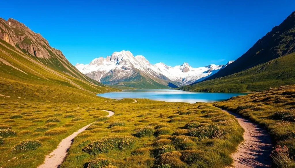 A majestic landscape of Skarvan og Roltdalen National Park in Norway. In the foreground, a winding trail through lush alpine meadows dotted with wildflowers. In the middle ground, towering snow-capped peaks rise against a crisp, blue sky, their rugged faces casting dramatic shadows. In the distance, a tranquil glacial lake reflects the surrounding mountains, its still waters mirroring the serene atmosphere. Warm, natural lighting illuminates the scene, creating a sense of adventure and exploration. Capture the essence of this awe-inspiring wilderness, perfect for hiking, skiing, and other outdoor pursuits.