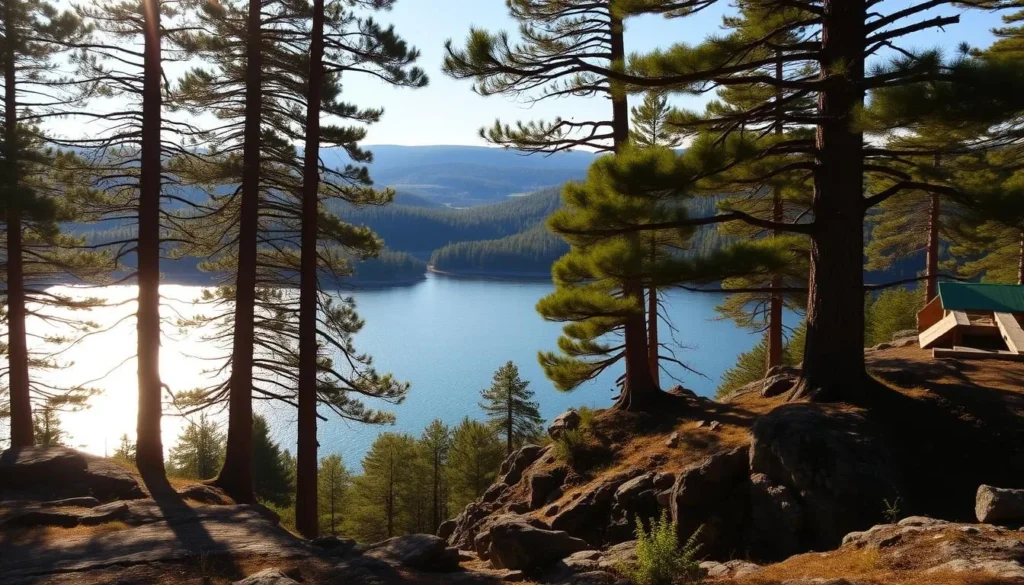 A majestic landscape of Tiveden National Park, Sweden: towering pines and ancient oaks line the shores of a serene, glimmering lake. Sunlight filters through the lush canopy, casting a warm, golden glow across the rugged terrain. In the distance, rolling hills undulate, cloaked in a tapestry of emerald hues. A sense of tranquility and timelessness pervades the scene, inviting the viewer to immerse themselves in the wilderness gem of Sweden.