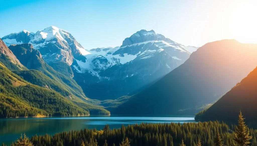 A majestic landscape of the Aigert Mountains, Sweden, captured on a bright, sun-filled day. In the foreground, a serene alpine lake reflects the towering peaks that rise dramatically in the background, their snow-capped summits glistening under the warm, golden light. Lush, verdant forests cascade down the mountainsides, creating a tapestry of vibrant greens that contrast with the rugged, granite cliffs. The scene exudes a sense of tranquility and grandeur, inviting the viewer to explore the awe-inspiring natural beauty of this remarkable region.
