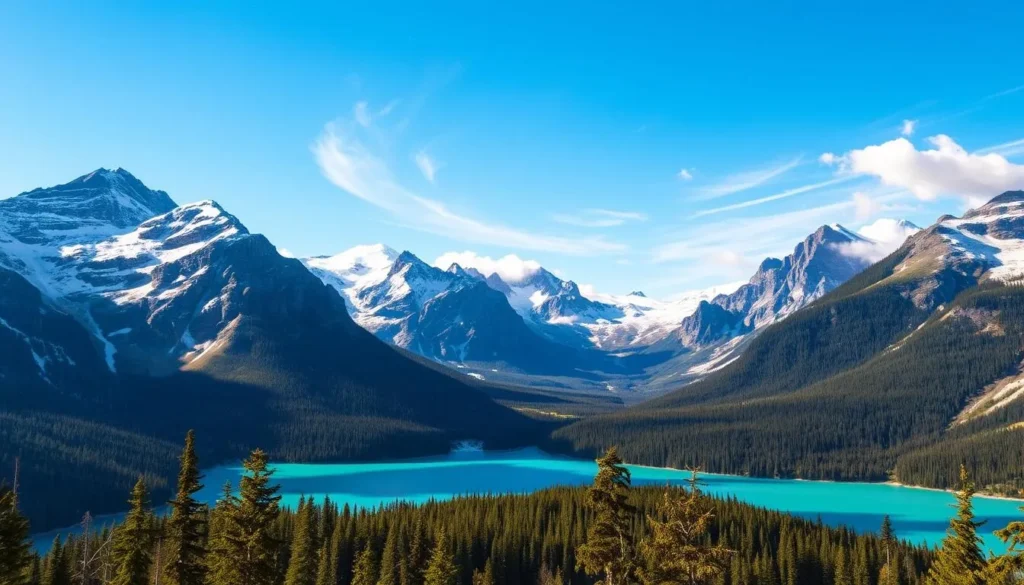 A majestic landscape of the Canadian Rockies, British Columbia, under a clear azure sky. In the foreground, towering snow-capped peaks rise majestically, their rugged granite faces casting dramatic shadows. A serene alpine lake reflects the surrounding mountains, its turquoise waters shimmering in the soft, golden light. In the middle ground, lush evergreen forests climb the slopes, while wispy clouds drift lazily overhead. The background features more distant, jagged mountain ridges, their summits shrouded in wispy mist. The scene exudes a sense of timeless, awe-inspiring grandeur, perfectly capturing the majestic essence of the Canadian Rockies.