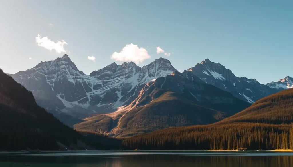 A majestic landscape of the Canadian Rockies under a crisp, clear sky. In the foreground, a pristine alpine lake reflects the towering, snow-capped peaks that rise up in the middle distance. Lush, evergreen forests cling to the lower slopes, while a few wispy clouds drift overhead, casting gentle shadows over the rugged terrain. The warm, golden light of the afternoon sun bathes the scene in a soft, ethereal glow, highlighting the dramatic contrasts of rock, water, and vegetation. This serene, awe-inspiring vista captures the breathtaking natural beauty and grandeur of the Canadian Rockies.