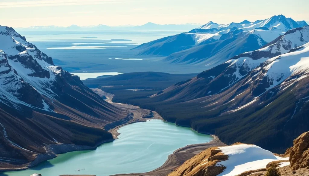 A majestic landscape of the Columbia Icefield, Alberta, Canada. Towering glaciers and snow-capped peaks dominate the foreground, their icy surfaces gleaming under the warm, golden sunlight. The middle ground features a serene alpine lake, its crystal-clear waters reflecting the surrounding mountains. In the distance, a panoramic view of the vast, pristine wilderness stretches out, with lush, evergreen forests and rugged, jagged ridges. The scene conveys a sense of awe-inspiring grandeur, inviting the viewer to discover the natural wonder of the Athabasca Glacier.