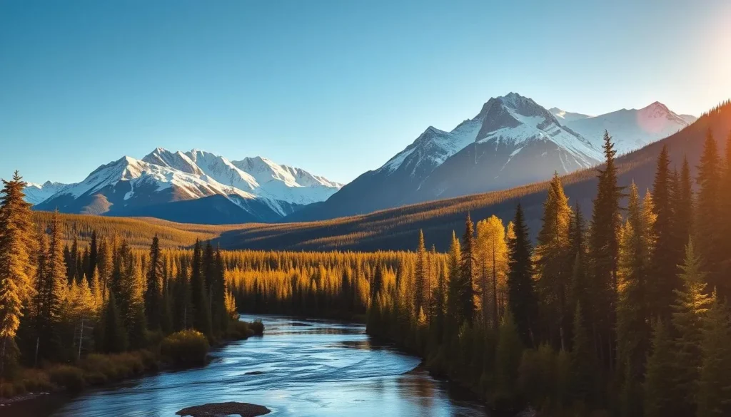 A majestic landscape of the Grande Cache mountains, their snow-capped peaks rising majestically against a vibrant blue sky. In the foreground, a winding river flows peacefully, its surface reflecting the surrounding natural beauty. The middle ground is adorned with lush, verdant forests, their trees swaying gently in a soft breeze. Warm, golden sunlight filters through the scene, casting a warm, inviting glow over the entire vista. The overall atmosphere is one of tranquility and wonder, capturing the essence of a serene, picturesque weekend getaway in this stunning corner of Alberta.