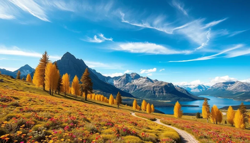 A majestic landscape of the Kungsleden trail unfolds, where towering peaks pierce the azure sky. In the foreground, a pristine alpine meadow carpeted with vibrant wildflowers sways gently in the cool breeze. Towering birch trees line the winding trail, their golden leaves rustling softly. In the middle ground, a glistening lake reflects the surrounding mountains, their jagged silhouettes mirrored in the still waters. Wisps of clouds drift overhead, casting soft shadows that dance across the rugged terrain. The warm, golden light of a clear day bathes the scene, creating a serene and inviting atmosphere that beckons the adventurous hiker to explore this sublime wilderness.