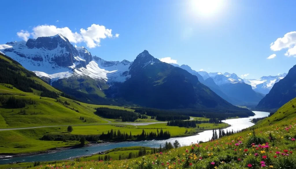 A majestic landscape of the Romsdalen Valley, Norway. Towering snow-capped peaks rise dramatically against a clear blue sky, casting long shadows over the lush green meadows below. A crystal-clear river winds its way through the valley, its calm waters reflecting the rugged cliffs and forests that line its banks. In the foreground, wildflowers dot the grassy slopes, adding a pop of vibrant color to the scene. Sunlight filters through the clouds, creating a warm, inviting atmosphere that beckons the viewer to explore this enchanting corner of the Romsdalen Mountains.