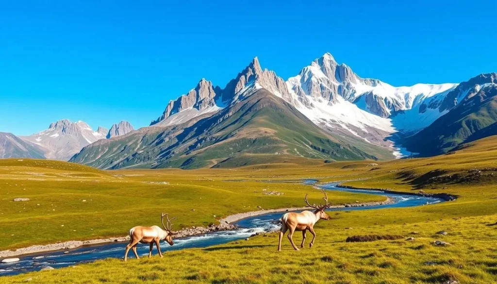 A majestic landscape of the Sarek National Park in northern Sweden, captured on a sunny summer day. In the foreground, a group of reindeer graze peacefully, their antlers silhouetted against the vibrant green of the alpine meadow. In the middle ground, a pristine mountain stream winds its way through the rugged terrain, its crystal-clear waters reflecting the rugged peaks that rise in the distance. The background is dominated by the towering, snow-capped mountains of the Sarek range, their jagged summits bathed in soft, golden light. The scene conveys a sense of tranquility and the untamed beauty of this remote, untouched wilderness.