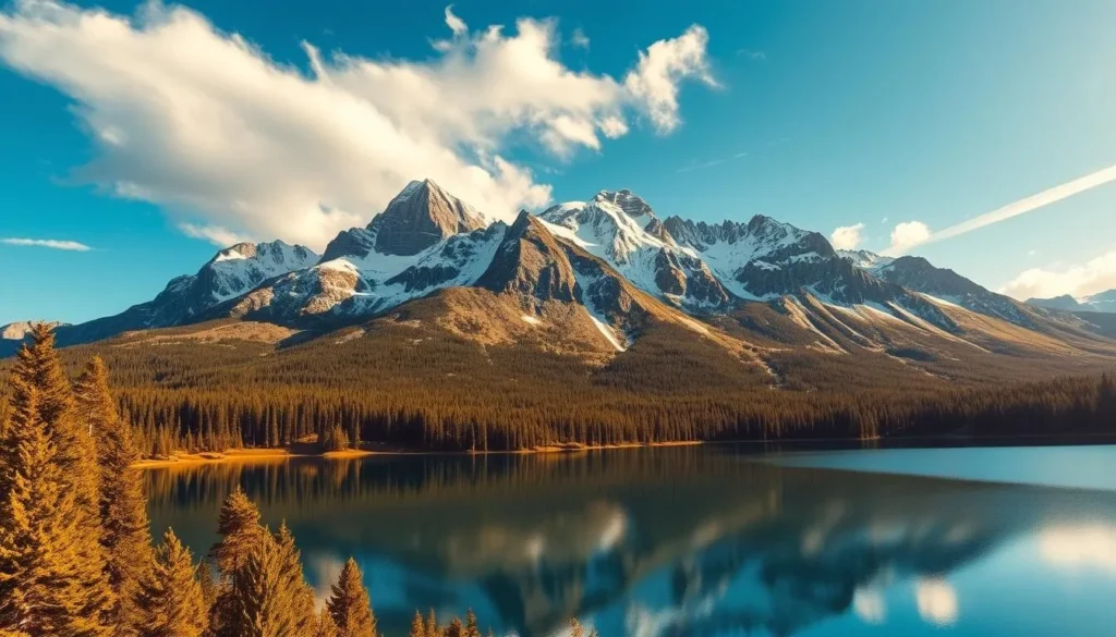 A majestic landscape of the Sawtooth National Recreation Area, Idaho, showcasing towering snow-capped peaks against a brilliant blue sky. In the foreground, a crystal-clear alpine lake reflects the rugged mountains, creating a mirror-like effect. Lush, verdant forests line the shoreline, adding depth and texture to the scene. The warm, golden sunlight filters through wispy clouds, casting a soft, ethereal glow over the entire vista. Capture the grandeur and natural beauty of this breathtaking wilderness area through a wide-angle lens, conveying a sense of awe and wonder.