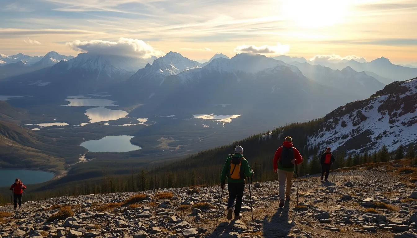A majestic landscape of the Swedish Lapland, where the Kungsleden Trail winds through a tapestry of snow-capped peaks, pristine lakes, and dense boreal forests. In the foreground, a group of hikers traverse a rocky path, their backpacks and trekking poles adding a sense of scale and adventure. The middle ground features a panoramic view of the rugged terrain, with sunlight filtering through wispy clouds and casting a warm glow over the scene. In the background, the imposing silhouettes of towering mountains rise up, their jagged summits reaching towards the heavens. The overall atmosphere is one of tranquility and awe, inviting the viewer to embark on an unforgettable journey through this breathtaking Nordic wilderness.
