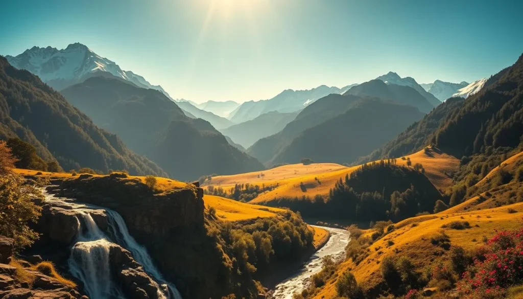 A majestic landscape of the Venezuelan Andes unfolds, bathed in warm golden light. Towering snow-capped peaks rise against a crisp blue sky, their slopes covered in lush, verdant forests. In the foreground, a cascading waterfall rushes over rugged rock formations, its crystal-clear waters sparkling. Meandering through the valley below, a tranquil river winds its way, flanked by rolling hills dotted with vibrant wildflowers. Rays of sunlight filter through the canopy, casting a serene, dreamlike atmosphere over the entire scene. This is a natural paradise, a breathtaking display of the Andes' untamed beauty.