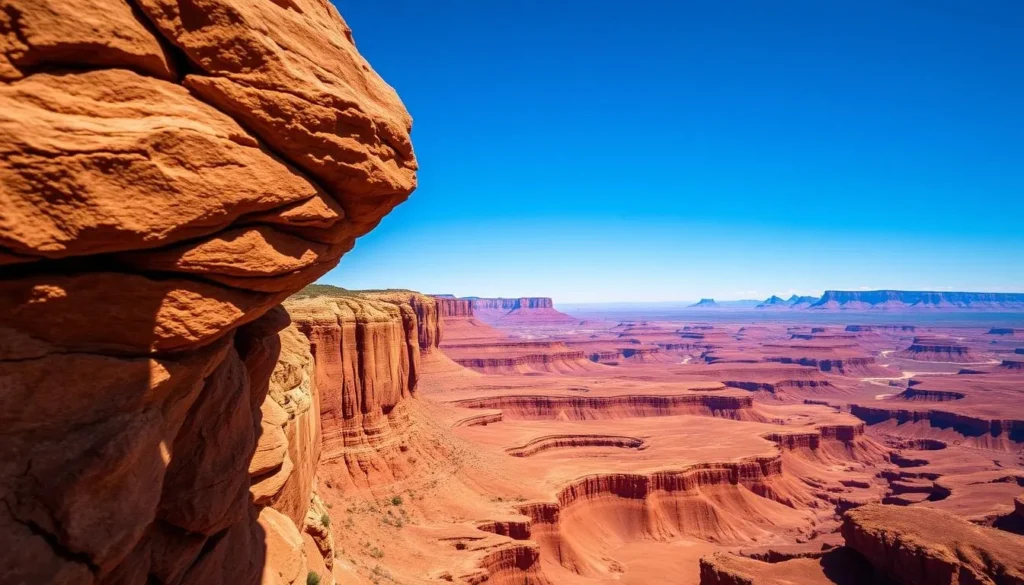 A majestic landscape of towering vermilion cliffs, sculpted by wind and time, under a brilliant azure sky. In the foreground, a dramatic rocky outcrop frames the scene, casting dramatic shadows. The middle ground showcases the iconic undulating formations, their layered textures catching the warm, golden light. In the distance, layers of cliffs recede into the hazy horizon, creating a sense of depth and scale. The image is captured with a wide-angle lens, highlighting the grandeur of this natural wonder. The overall mood is one of awe and wonder, inviting the viewer to explore this magnificent geological masterpiece.