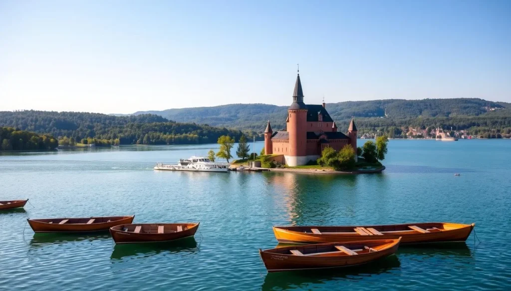 A majestic, medieval castle perched on a small island in the serene, turquoise waters of Lake Galve, Trakai, Lithuania. Sunlight glints off the castle's red brick walls and towers, casting warm shadows across the surface of the lake. In the foreground, traditional wooden boats dot the calm waters, while in the background, lush green forests and rolling hills form a picturesque backdrop. The scene exudes a sense of tranquility and timeless elegance, inviting visitors to explore the historic site and its serene surroundings.
