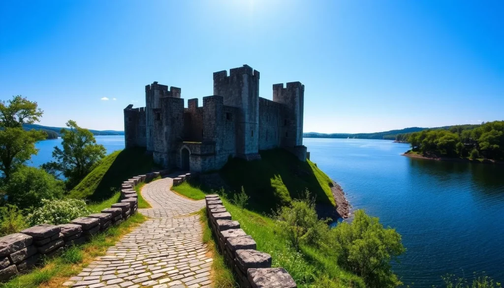 A majestic medieval castle ruin nestled on a picturesque peninsula, surrounded by the tranquil waters of Lake Galve. Weathered stone walls and towers rise against a vibrant azure sky, casting long shadows over the lush green foliage. Sunlight filters through the gaps, illuminating the intricate architectural details. In the foreground, a cobblestone path winds through the ruins, inviting visitors to explore the site's rich history. The serene atmosphere evokes a sense of timelessness, transporting one back to the castle's heyday. Capture the beauty and mystery of this off-the-beaten-path gem in Lithuania.
