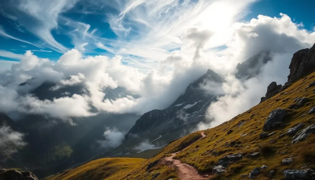 A majestic mountain landscape in the Vinnufjellet range, Sweden, under a breathtaking display of dramatic weather. Towering peaks are shrouded in swirling mist, while sunlight breaks through the clouds, casting warm, golden illumination across the rugged terrain. In the foreground, a winding mountain trail leads the viewer into the scene, inviting exploration. The atmosphere is one of awe-inspiring natural beauty, with a sense of both tranquility and power. The image is captured with a wide-angle lens, emphasizing the grandeur of the environment and creating a sense of depth and scale.