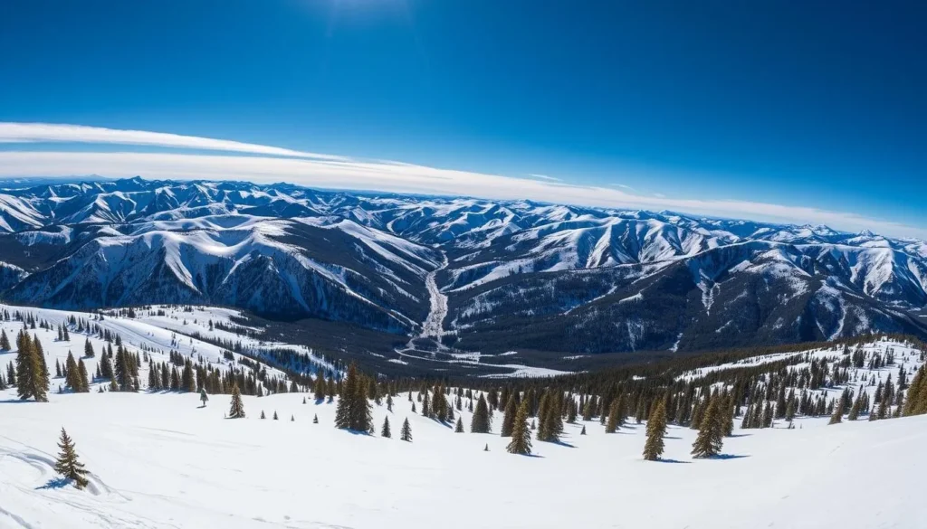 A majestic mountain landscape showcasing the rugged terrain of Breckenridge Ski Resort. In the foreground, pristine snow-covered slopes dotted with evergreen trees stretch out invitingly. The middle ground reveals a series of undulating peaks, their jagged summits reaching towards a brilliant azure sky. Crisp, high-contrast lighting illuminates the scene, casting dramatic shadows across the mountainous backdrop. A wide-angle lens captures the grandeur of this alpine wonderland, offering a panoramic view that transports the viewer to the heart of the Colorado Rockies. The overall mood is one of awe-inspiring natural beauty, perfectly capturing the essence of Peak 6, Breckenridge's newest and most thrilling ski terrain.