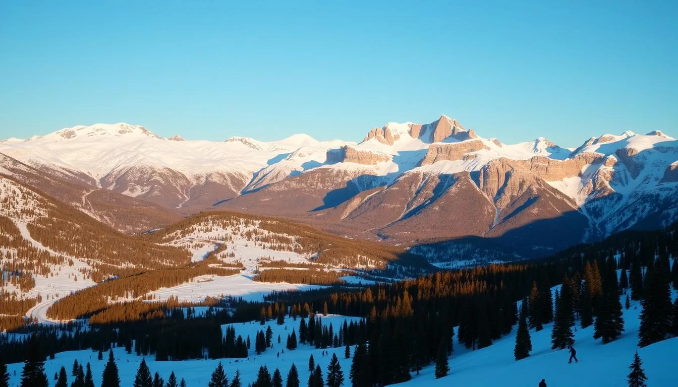 A majestic mountain landscape with snow-capped peaks, bathed in warm golden sunlight. In the foreground, a network of well-groomed ski trails wind their way down the slopes, with skiers gracefully carving turns on the pristine white powder. The middle ground features a mix of evergreen trees and gently rolling hills, creating a sense of depth and scale. In the background, towering rocky cliffs and ridges rise up, framing the scene with dramatic flair. The overall atmosphere is one of tranquility and outdoor adventure, inviting the viewer to imagine the thrill of gliding down the slopes at Monarch Mountain, Colorado.