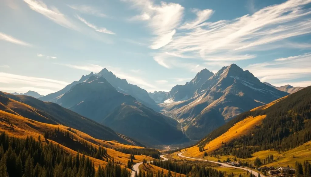 A majestic mountain landscape, with the rugged peaks of Crowsnest Pass rising up in the distance, bathed in warm, golden light. In the foreground, a winding road cuts through rolling hills, flanked by lush, verdant forests. Wispy clouds drift across a bright, azure sky, casting gentle shadows over the scene. The atmosphere is serene and tranquil, inviting the viewer to explore the natural beauty of this breathtaking region. Capture the essence of Bellevue's gateway to the Crowsnest Pass, a picturesque and awe-inspiring destination.