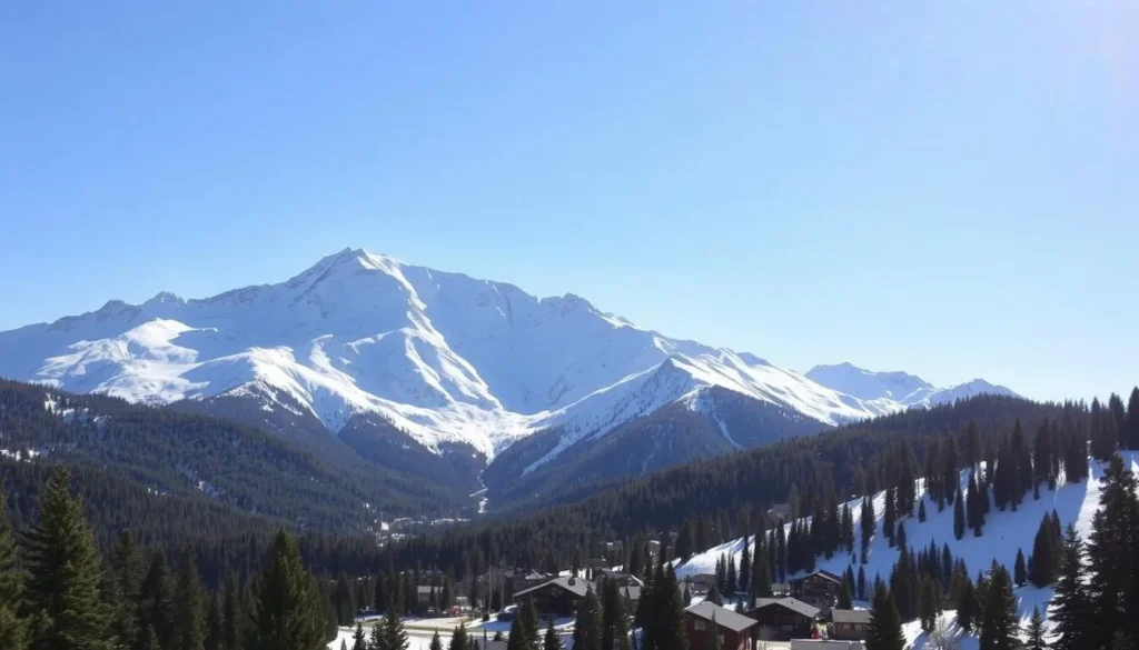 A majestic mountain range rises into the clear azure sky, its snow-capped peaks glimmering in the warm afternoon sun. In the foreground, a quaint alpine village nestles amidst the lush evergreen forests, its charming chalets and cozy cabins dotting the landscape. Skiers and snowboarders carve graceful turns down the pristine slopes, while hikers explore the winding trails that meander through the rugged terrain. The scene exudes a sense of tranquility and natural beauty, inviting visitors to immerse themselves in the captivating winter wonderland that is Breckenridge, Colorado.