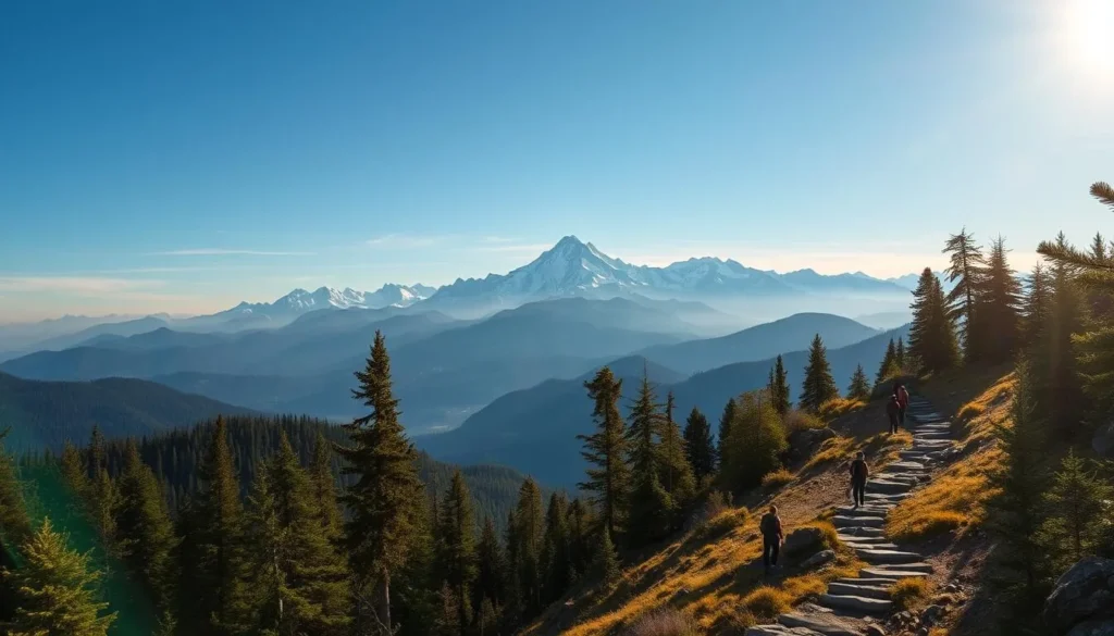 A majestic mountain range stretches across the horizon, its snow-capped peaks piercing the azure sky. In the foreground, a rugged hiking trail winds through lush evergreen forests, inviting adventurers to explore the breathtaking landscapes. Warm sunlight filters through the canopy, casting a golden glow on the winding path and the hikers making their way through the serene wilderness. The scene evokes a sense of tranquility and the thrill of discovery, capturing the essence of a day trip to nearby natural wonders.
