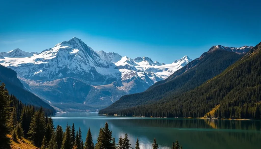 A majestic mountain vista with towering peaks blanketed in pristine snow, their jagged silhouettes etched against a clear azure sky. In the foreground, a tranquil alpine lake reflects the dramatic landscape, its glassy surface shimmering under the warm rays of the sun. Lush evergreen forests cling to the slopes, their verdant hues contrasting with the stark white of the distant summits. The scene exudes a sense of serene, untamed beauty, inviting the viewer to immerse themselves in the grandeur of this untouched natural wonder.