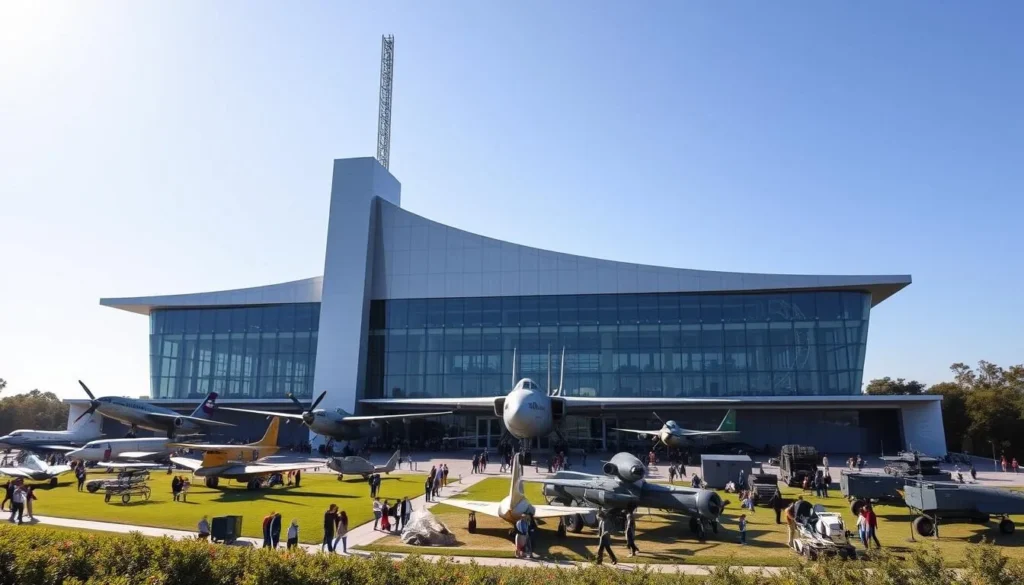 A majestic museum of aeronautical and ground equipment, standing tall against a clear blue sky. The exterior boasts sleek, modern architecture with expansive glass panels that reflect the sunlight. In the foreground, visitors explore meticulously curated exhibits, captivated by the imposing yet graceful silhouettes of vintage aircraft and cutting-edge ground vehicles. The middle ground showcases a diverse array of historic and contemporary machinery, each piece a testament to the ingenuity and progress of human engineering. The background features lush greenery and a tranquil setting, creating a serene and inviting atmosphere for this celebration of scientific achievement and technological innovation.