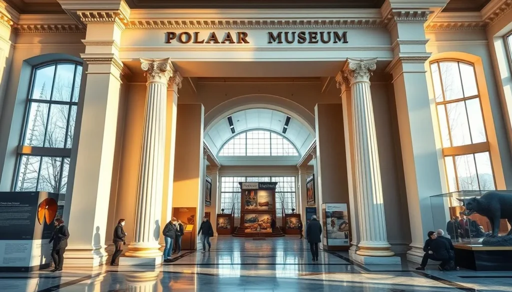 A majestic, neo-classical façade greets visitors at the entrance of the Polar Museum, its pristine white columns and ornate cornice bathed in warm, golden sunlight. Through the grand archway, a spacious lobby opens up, its high ceilings and polished marble floors evoking a sense of grandeur. Beyond, the museum's galleries unfold, filled with exhibits showcasing the rich history and culture of Troms og Finnmark County, Norway. Crisp, natural lighting filters in through large windows, illuminating the intricate displays of traditional Sami crafts, historic maritime artifacts, and stunning wildlife dioramas. The overall atmosphere is one of reverence and wonder, inviting visitors to immerse themselves in the captivating stories of this northern region.