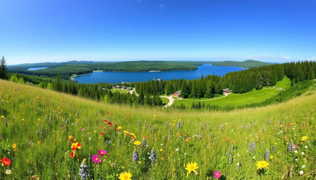 A majestic panorama of Holsby National Park during the peak of summer. In the foreground, a lush meadow carpeted with vibrant wildflowers sways gently in the warm breeze. The middle ground reveals a winding path leading through a dense, verdant forest, dappled with sunlight filtering through the canopy. In the distance, a crystalline lake shimmers under a cloudless azure sky, its shores dotted with picturesque cabins and wooden piers. The landscape is imbued with a sense of tranquility and natural harmony, inviting visitors to immerse themselves in the park's serene beauty.
