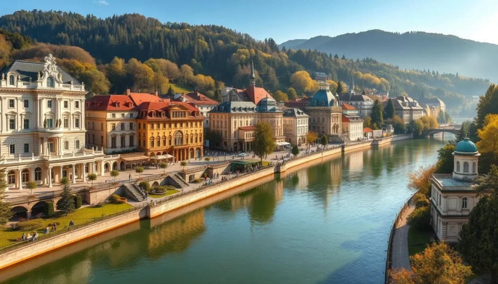 A majestic panorama of Karlovy Vary, the enchanting spa town in the heart of Czechia. Stately neoclassical and baroque buildings line the sinuous Teplá River, their colorful facades reflecting in the gently flowing waters. Elegant colonnades and ornate pavilions dot the lush green riverbanks, surrounded by the rolling hills of the Ore Mountains. Visitors stroll along the tranquil promenades, taking in the sights and scents of the famous mineral springs. Warm afternoon sunlight filters through the trees, casting a soft, dreamlike glow over the picturesque scene. A timeless and serene atmosphere envelops this historic spa town, inviting guests to relax and indulge in its restorative waters.