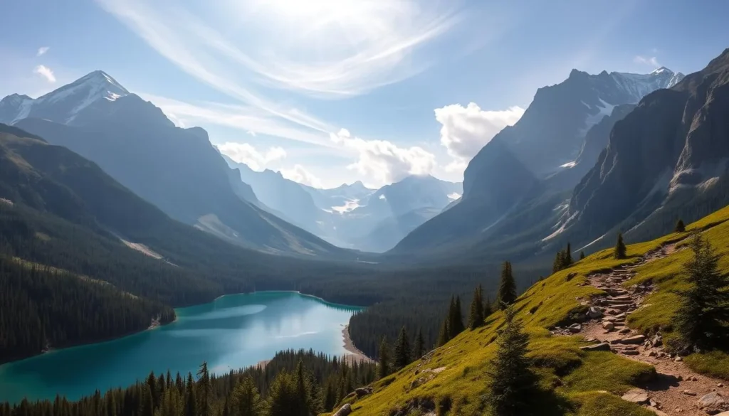 A majestic panorama of the Canadian Rockies, with towering snow-capped peaks reaching towards the sky. In the foreground, a crystal-clear alpine lake reflects the rugged, forested slopes surrounding it. Warm sunshine filters through wispy clouds, casting a soft, golden glow over the scene. Rugged hiking trails wind through the lush, verdant landscape, inviting exploration. This is the gateway to a world of outdoor adventure, where the boundless natural beauty of the Canadian wilderness awaits.