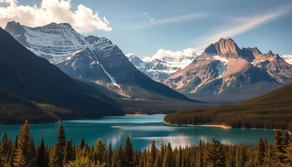 A majestic panorama of the Canadian Rocky Mountains, with towering snow-capped peaks reaching towards the heavens. In the foreground, a serene alpine lake reflects the surrounding landscapes, its crystal-clear waters shimmering under the warm, golden sunlight. Lush, verdant forests line the foothills, their canopies casting a gentle, dappled shade. In the distance, jagged rock formations rise up, their rugged beauty accentuated by the dramatic interplay of light and shadow. The atmosphere is one of tranquility and awe, inviting the viewer to immerse themselves in the grandeur of this natural wonder.