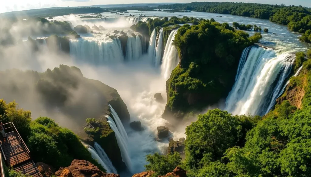 A majestic panorama of the iconic Iguacu Falls, its thundering cascade of water plummeting over towering cliffs amid lush, verdant rainforest. Sunlight dances on the misty spray, illuminating the scene with a warm, golden glow. In the foreground, a wooden walkway leads visitors to the edge of the falls, offering an immersive, awe-inspiring experience. The middle ground showcases the sheer scale and power of the waterfalls, with numerous individual cascades merging into a singular, thunderous flow. In the background, the untamed wilderness of Iguacu National Park stretches out, creating a sense of being at the heart of this natural wonder. Crisp, high-resolution detail captures the splendor and grandeur of this breathtaking Brazilian landmark.