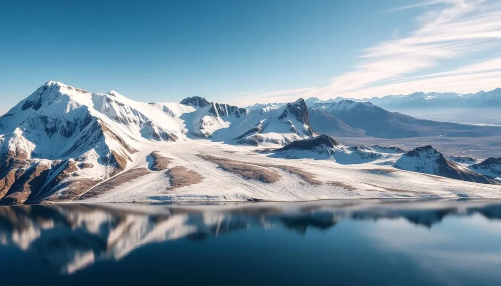 A majestic, panoramic view of the Svartisen Glacier in Norway, captured on a crisp, sunny day. In the foreground, a serene alpine lake reflects the towering, snow-capped peaks of the Svartisen massif. The middle ground features rugged, glaciated terrain with deep crevasses and glistening ice formations. In the background, sweeping vistas of the surrounding mountains and valleys, bathed in warm, golden light. Capture this awe-inspiring landscape through a wide-angle lens, showcasing the dramatic scale and grandeur of the Svartisen Glacier.