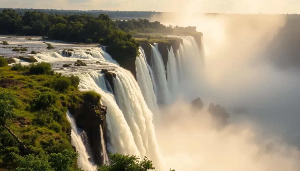 A majestic, panoramic view of the breathtaking Iguacu Falls, cascading over the edge of a lush, verdant cliff. The thunderous waters crash down in a spectacular display, shrouded in a fine mist that catches the warm, golden light of the sun. The falls are framed by a dense, emerald forest canopy in the background, creating a serene and awe-inspiring natural wonder. Capture the scale and power of this natural marvel, showcasing its rugged beauty and the harmonious balance of water, earth, and sky.