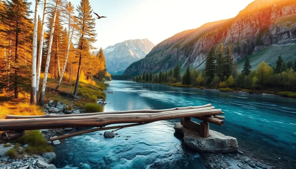 A majestic river cutting through the pristine Sarek Mountains, its crystal-clear waters reflecting the rugged peaks and lush vegetation. In the foreground, a well-worn wooden bridge spans the river, inviting hikers to cross over and explore the wonders beyond. Warm sunlight filters through the canopy of birch and pine trees, casting a golden glow over the scene. The tranquil atmosphere is punctuated by the gentle murmur of the flowing water and the occasional call of a bird soaring overhead. This idyllic landscape captures the essence of the Sarek Mountains, where nature's beauty and serenity converge in a breathtaking display.