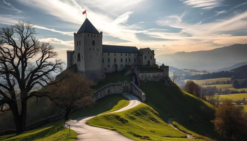A majestic rock castle perched atop a verdant hill, its towering spires and ramparts casting long shadows across the rolling countryside. Soft sunlight filters through wispy clouds, illuminating the weathered stone walls and tiled roofs. In the foreground, a winding path leads up to the castle gates, flanked by ancient oak trees. The surrounding landscape is a tapestry of lush meadows, babbling streams, and distant peaks, creating a picturesque and serene atmosphere. Capture the timeless grandeur and quiet charm of this lesser-known treasure, the Bürgstein-Schwoikaer Switzerland.