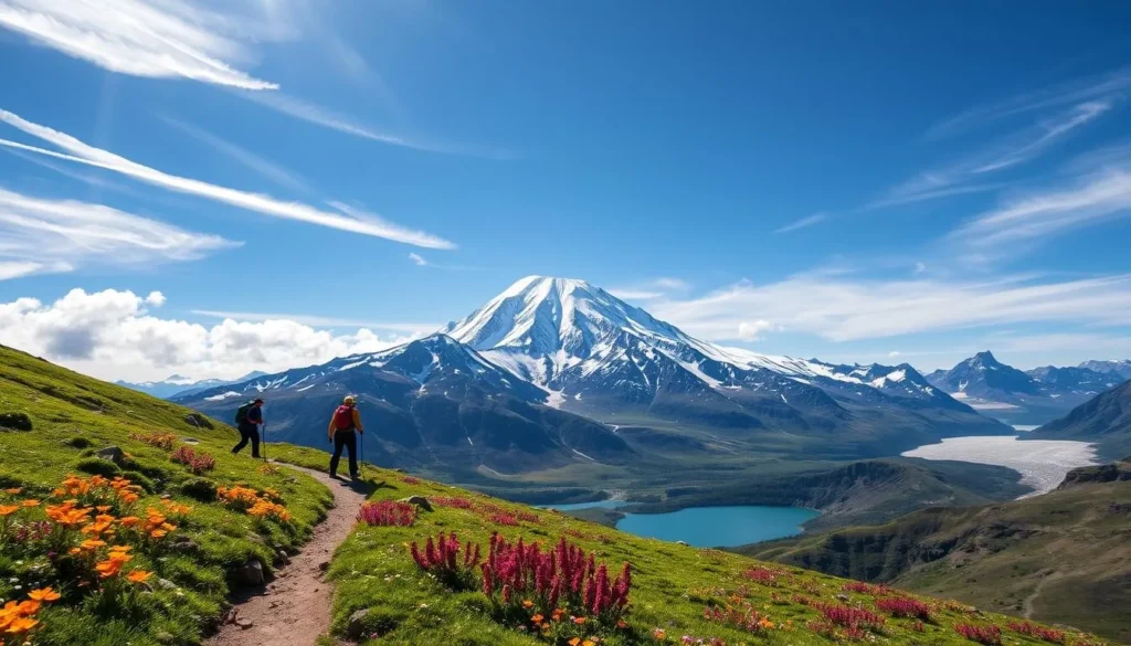 A majestic, snow-capped Kebnekaise Mountain rises dramatically against a clear, azure sky. Hikers navigate a winding trail, their backpacks laden with supplies, as they ascend the rugged terrain. Sunlight filters through wispy clouds, casting a warm, golden glow over the scene. In the foreground, a pristine alpine meadow carpeted with vibrant wildflowers frames the path. In the distance, a pristine glacial lake reflects the surrounding peaks. Capture the essence of the Kebnekaise challenge with this picturesque landscape, showcasing the awe-inspiring natural beauty that awaits those who dare to explore this iconic Swedish mountain range.