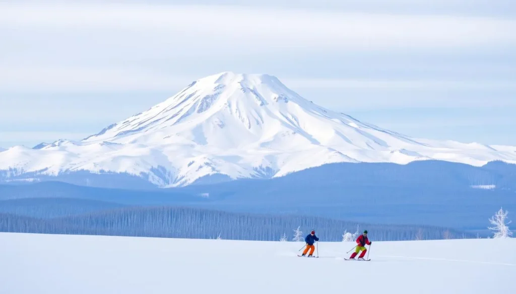 A majestic snow-capped Mount Hood towers in the distance, its peak gleaming under the crisp winter sun. In the foreground, a group of skiers carve graceful turns down the pristine slopes, their colorful gear contrasting against the pristine white landscape. The scene is bathed in a soft, diffused light, creating a serene and tranquil atmosphere. The image captures the essence of a winter wonderland, where the thrill of skiing meets the beauty of the Pacific Northwest's iconic mountain.