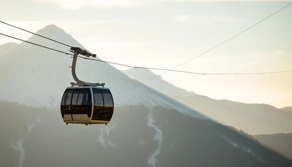 A majestic, snow-capped mountain backdrop stands tall, framing the graceful arc of the Monarch Crest Scenic Tramway as it glides effortlessly through the crisp, alpine air. The tram's sleek, modern design contrasts beautifully with the rugged, natural surroundings, offering passengers a panoramic view of the stunning Monarch Mountain scenery. Warm, diffused sunlight bathes the scene, casting a soft, golden glow and creating a sense of tranquility and wonder. The tram's smooth, fluid motion and the serene, pristine landscape below evoke a feeling of peaceful exploration and connection with the majestic Colorado wilderness.