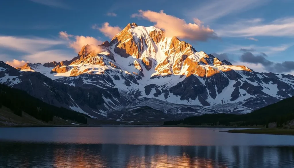 A majestic snow-capped peak of the Tenmile Range, towering over the pristine alpine landscape of Vail, Colorado. The rugged, jagged silhouette of the mountain is illuminated by warm, golden sunlight filtering through wispy clouds, casting dramatic shadows across the rocky outcrops and glistening snowfields. In the foreground, a tranquil alpine lake reflects the mountain's grandeur, its still waters mirroring the surrounding peaks. The scene exudes a sense of serene, untamed wilderness, capturing the timeless beauty and historical significance of this iconic Colorado landscape.