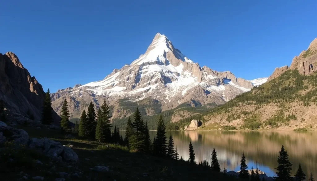 A majestic snow-capped peak rises against a clear azure sky, its distinct cross-shaped ridge glinting in the warm sunlight. In the foreground, a pristine alpine lake reflects the towering mountain, its crystal-clear waters dotted with wildflowers along the shore. Rugged, craggy cliffs frame the scene, casting dramatic shadows across the landscape. A light breeze rustles the evergreen trees that cling to the slopes, creating a serene and peaceful atmosphere. The camera is positioned to capture the grandeur of Mount Holy Cross, the iconic symbol of the Sawatch Range in Colorado's stunning high country.