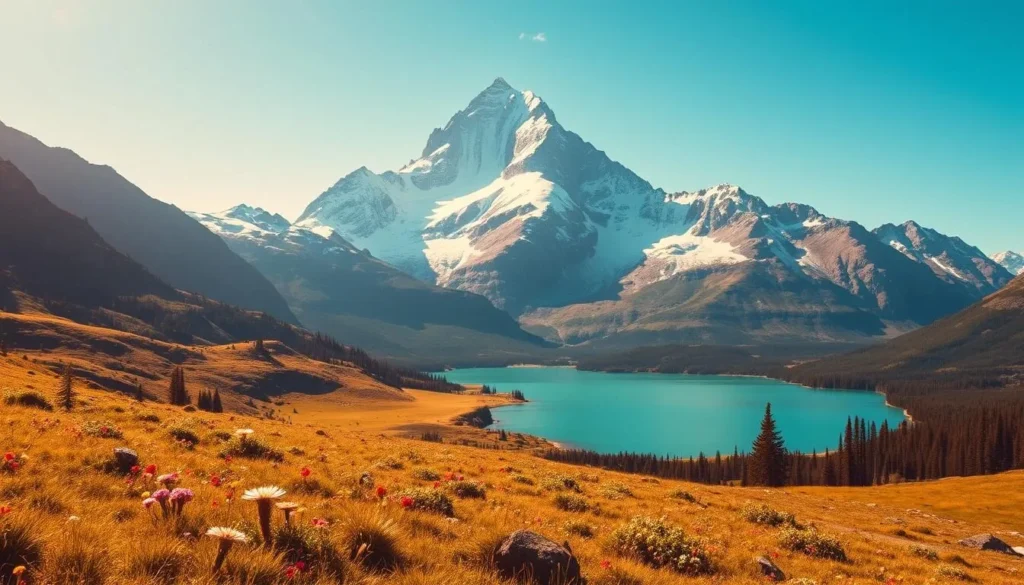 A majestic snow-capped peak rises majestically against a clear azure sky, its jagged edges and steep slopes creating a dramatic and awe-inspiring silhouette. In the foreground, a pristine alpine meadow stretches out, dotted with vibrant wildflowers and lush, verdant vegetation. The middle ground is dominated by a serene, turquoise lake, its calm waters reflecting the towering mountain and the surrounding landscape. Warm, golden sunlight bathes the scene, casting a warm, inviting glow and creating a sense of tranquility and wonder. The image conveys the grandeur and beauty of the Kierkevagge Valley, a true natural wonder of Sweden.