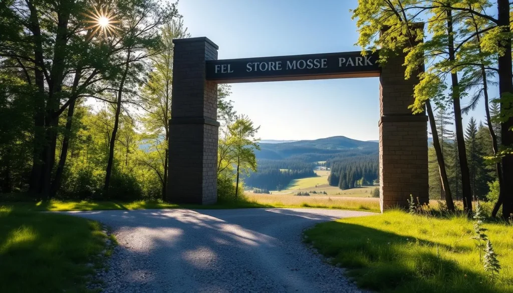 A majestic stone archway stands tall, marking the entrance to Store Mosse National Park in Sweden. Sunlight filters through the verdant trees, casting a warm glow across the scene. In the foreground, a gravel path winds invitingly, beckoning visitors to explore the park's pristine landscapes. The middle ground reveals a picturesque meadow, dotted with wildflowers swaying gently in the breeze. Beyond, rolling hills and dense forests create a serene, natural backdrop, promising adventure and tranquility. This idyllic setting captures the essence of the park, inviting travelers to embark on a journey through Sweden's unspoiled wilderness.