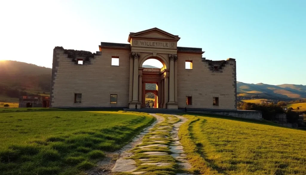 A majestic stone edifice stands tall, its weathered facade bathed in the warm glow of the afternoon sun. Towering columns and intricate archways frame the entrance, hinting at the rich history that lies within. The surrounding landscape is a tapestry of rolling hills and lush greenery, creating a serene and picturesque setting. In the foreground, a well-trodden path leads visitors towards the grand structure, inviting them to explore the secrets of this historical site. Capture the essence of this captivating destination, where the past and present converge in a harmonious blend of architectural splendor and natural beauty.