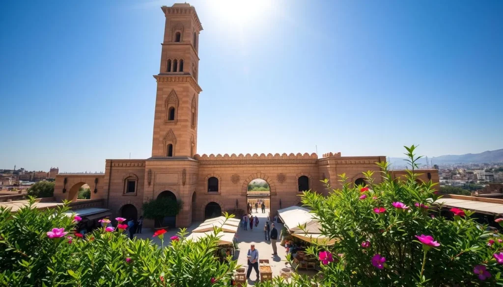 A majestic stone structure stands tall against a clear azure sky, its intricate carvings and arched entryways casting shadows across the sun-dappled courtyard. In the foreground, lush greenery and vibrant flowers frame the scene, inviting visitors to explore this captivating historical oasis. The midground reveals a bustling market, with local artisans showcasing their wares and the aroma of spices and incense wafting through the air. In the distance, the city of Zarqa rises, a harmonious blend of modern and ancient architecture, hinting at the rich cultural tapestry that awaits discovery.