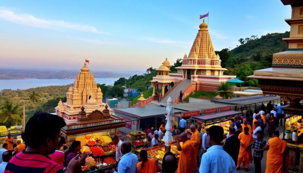 A majestic temple complex sits atop a verdant hillside, its intricate carvings and towering spires glowing in the warm afternoon sunlight. In the foreground, devotees offer prayers and light incense, their reverent expressions mirroring the tranquil atmosphere. The middle ground reveals a bustling marketplace, colorful stalls selling fragrant flowers, ornate handicrafts, and saffron-robed ascetics. In the distance, a serene lake reflects the azure sky, its still waters framed by lush greenery. The scene exudes a timeless, spiritual essence, capturing the essence of Belgaum's cherished religious sites.