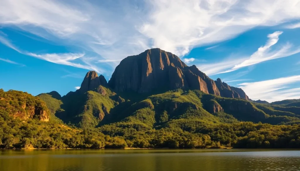 A majestic tepui, a towering table mountain, rising high above the lush, verdant rainforest canopy of Canaima National Park. Dramatic cliffs and steep, weathered rock formations cast dramatic shadows in the warm, golden light of the afternoon sun. Wispy clouds drift lazily across the blue sky, casting ever-changing patterns of light and shadow upon the rugged landscape. In the foreground, a pristine, mirror-like lake reflects the grandeur of the tepui, creating a serene and awe-inspiring scene. The mood is one of tranquility and wonder, inviting the viewer to explore the magnificent, untamed beauty of this remarkable natural wonder.