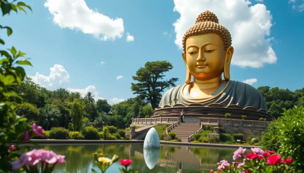 A majestic, towering Buddha statue stands serenely in the foreground, its gilded face and serene expression radiating a sense of tranquility. The statue is situated in a lush, verdant garden, with vibrant greenery and blooming flowers surrounding it. The mid-ground features a peaceful, reflecting pool, its still waters mirroring the Buddha's likeness. In the background, a clear blue sky with fluffy white clouds completes the serene, contemplative atmosphere. The lighting is soft and diffused, creating a warm, inviting ambiance that enhances the spiritual essence of the scene. Capture this iconic representation of the Great Buddha in all its grandeur and spiritual beauty.